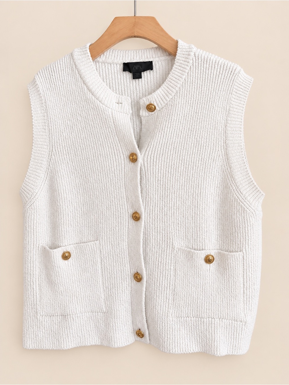 Zara Cream Knit Sleeveless Cardigan Vest Gold Buttons Size L
